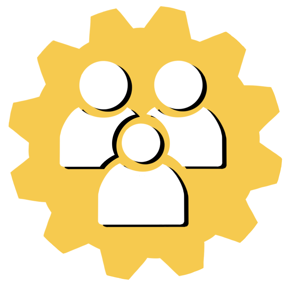 Expo icon of 3 people talking in a line in a yellow circle